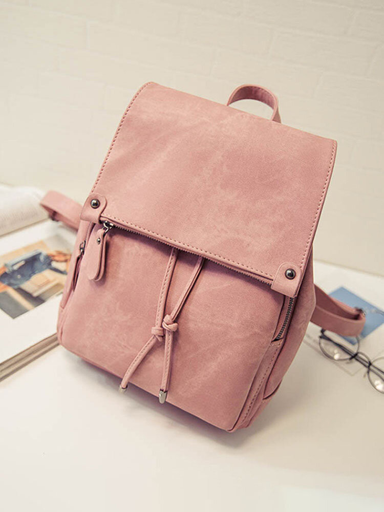 Simple Pure Color Faux Leather Backpack Shouder Bag For Women