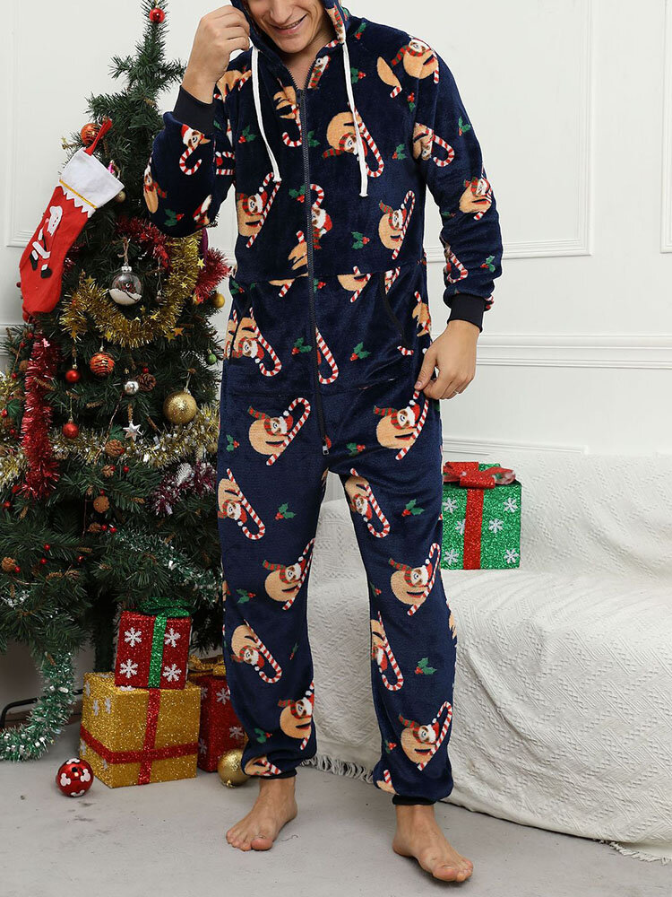

Mens Christmas Snowman Print Zip Front Flannel Home Hooded Onesies With Pocket, Navy