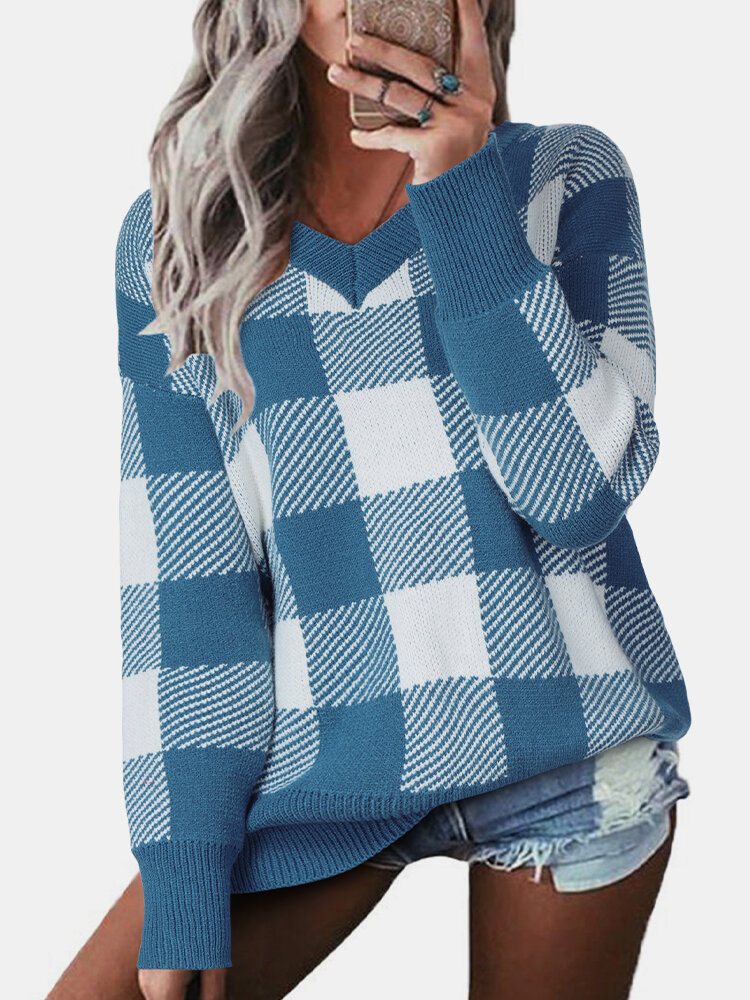 Plaid Print V-neck Long Sleeves Casual Sweater for Women