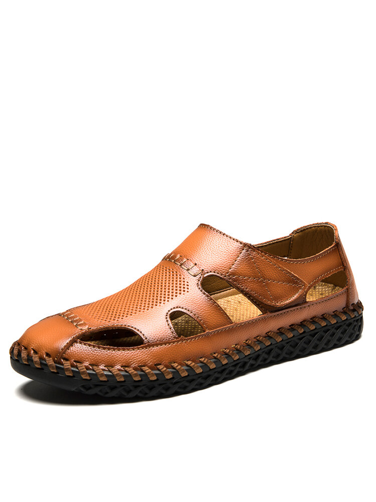 Men Genuine Leather Hand Stitching Non Slip Soft Sole Casual Sandals