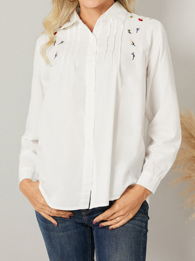 Floral Embroidery Pleated Long Sleeve Lapel Button Down Shirt