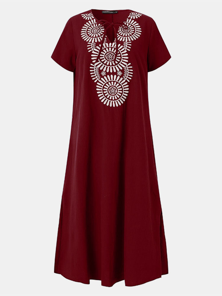 

Women Embroidery V-neck Knotted Short Sleeve Slit Hem Vintage Dress, Navy;wine red;gray