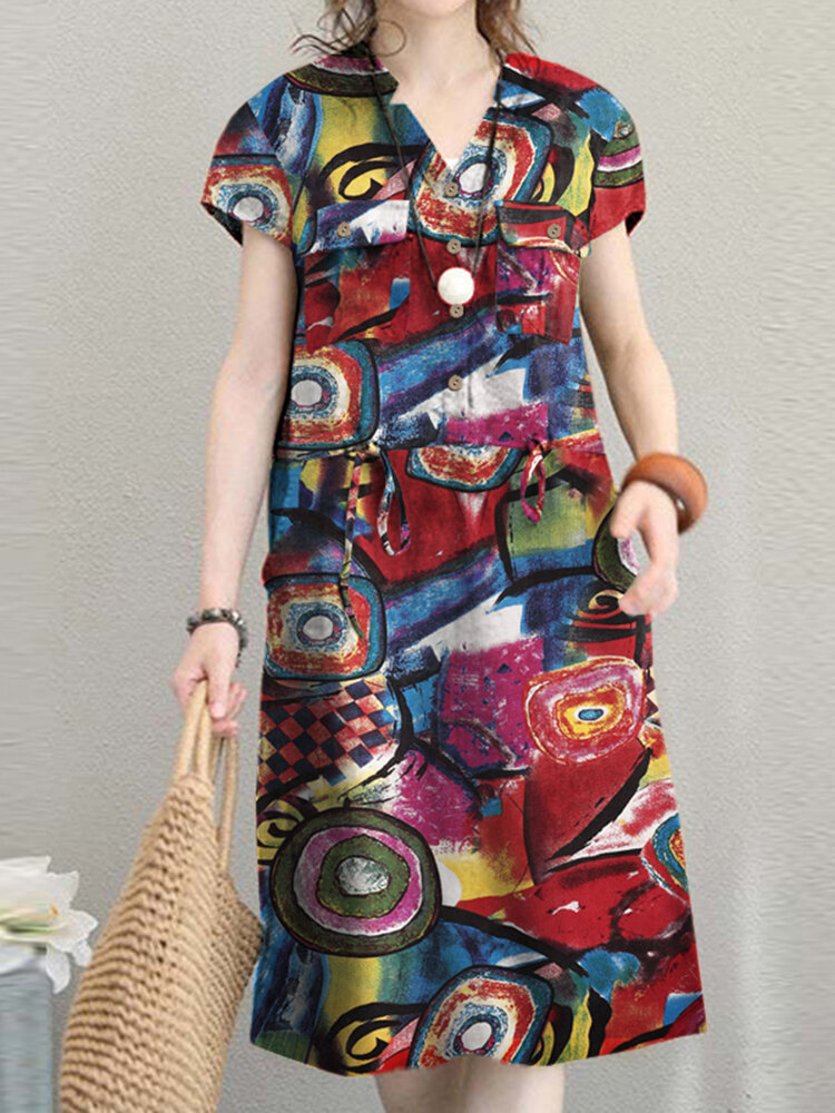 Abstraktes Muster Tasche mit Kordelzug Kurzarm Vintage Kleid