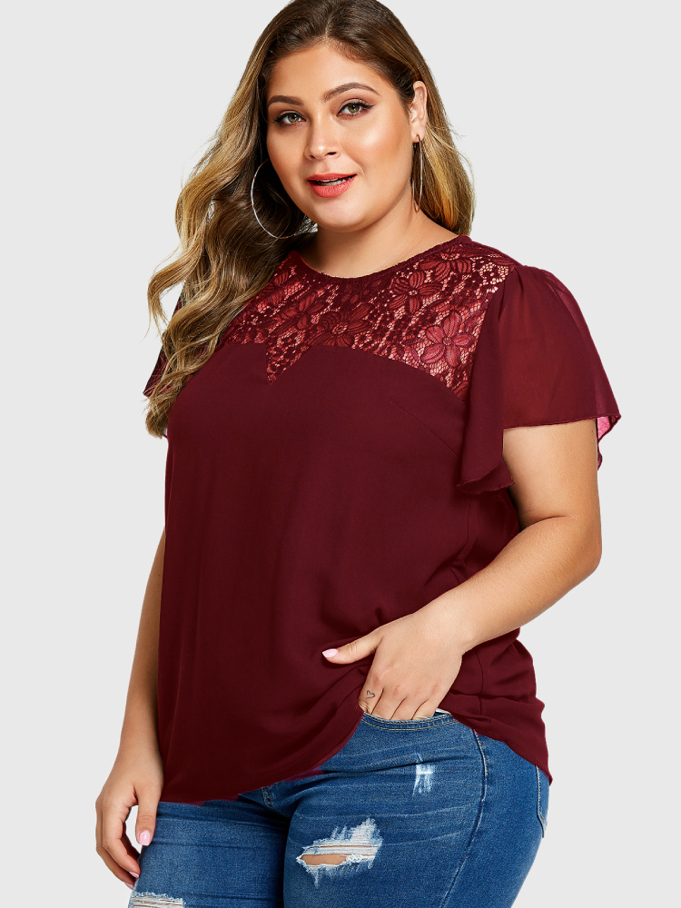 Lace Patchwork Ruffle Short Sleeve Plus Size Blouse for Women