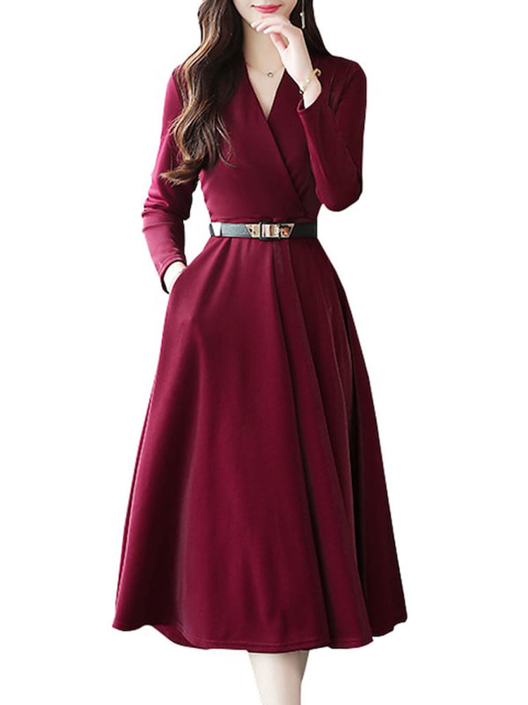 Women's Aline Dress Fashion V Neck Long Sleeve Solid Color Midi Dress