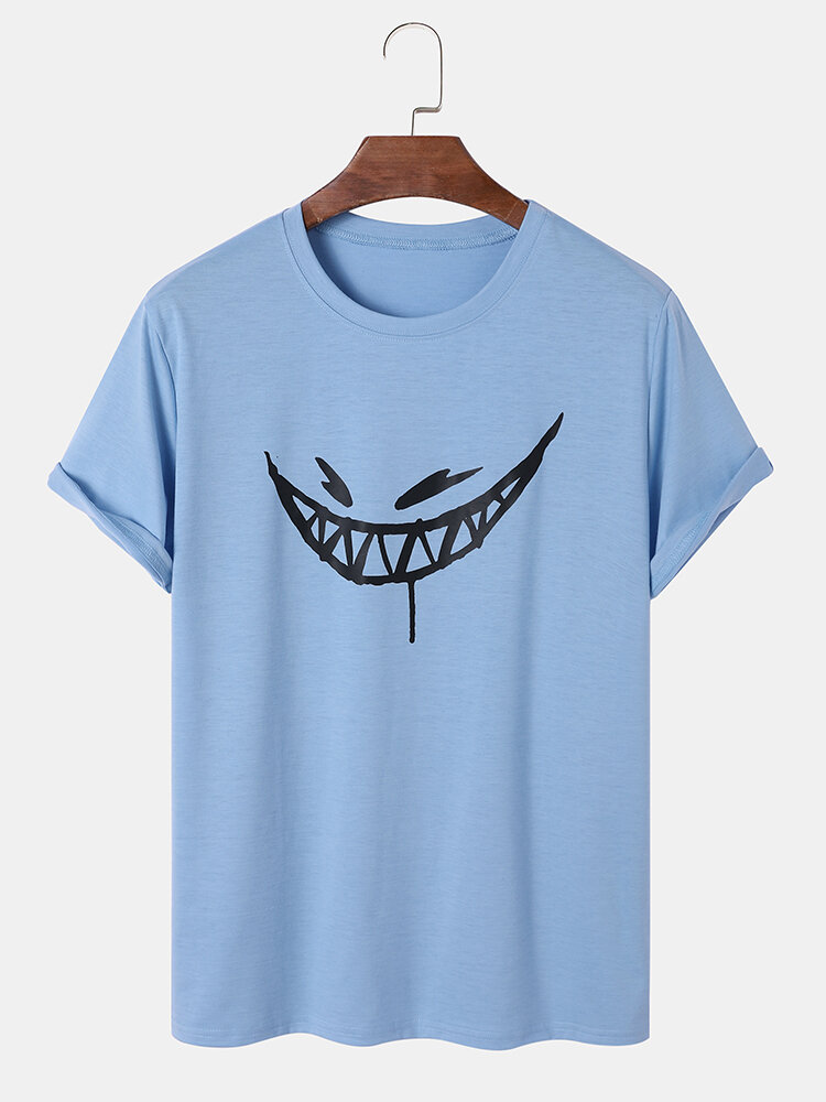 

Men Evils Smile Print Hem Cuff All Matched Skin Friendly Crew Neck T-Shirts, White;black;blue