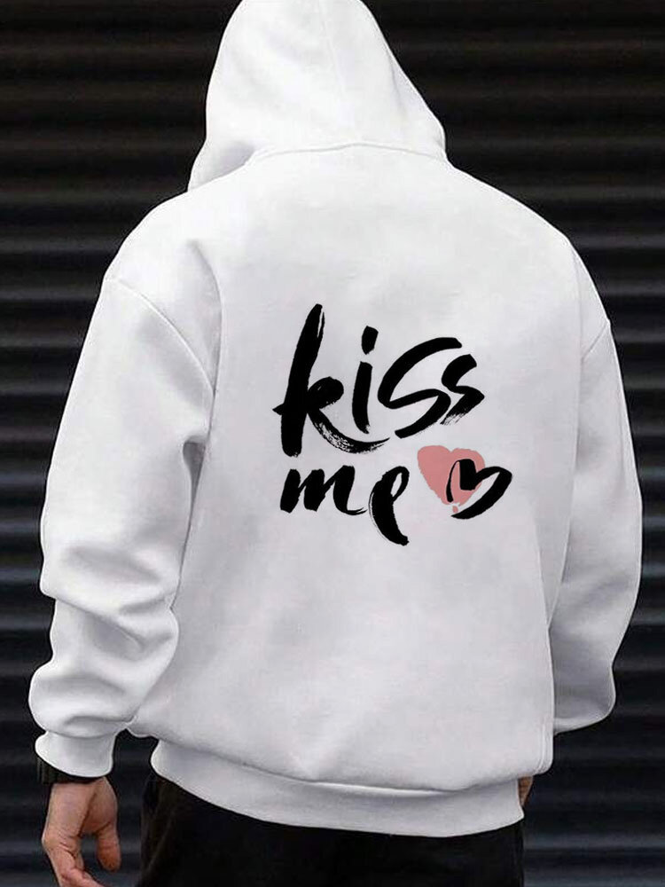 

Mens Heart Letter Back Print Valentine' Day Casual Long Sleeve Hoodies Winter, White