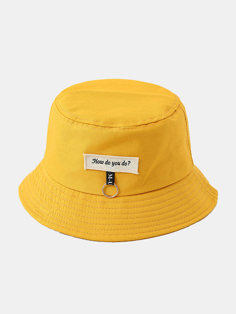 Unisex Cotton Solid Color Letter Pattern Patch Iron Ring Decoration All-match Sunscreen Bucket Hat
