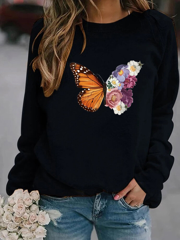 Flower Butterfly Print Long Sleeve Sweatshirt For Women