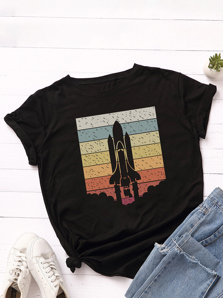 Spaceship Stripe Print O-neck Short Sleeve Casual T-Shirt For Women
