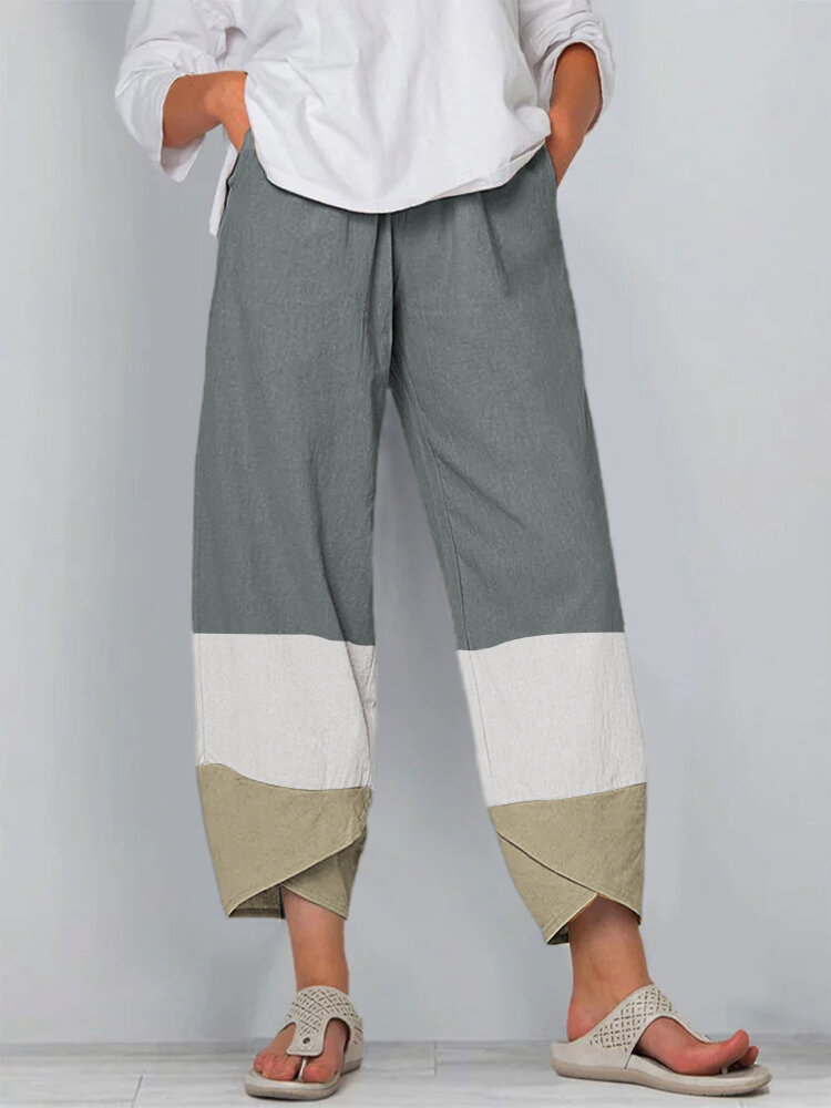 Patchwork Contrast Color Elastic Waist Pants For Women