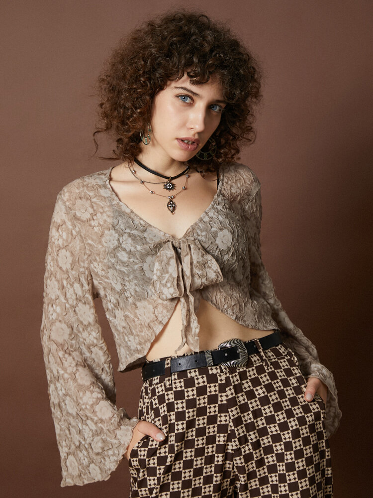 Retro Front Lace Up Bell Sleeve Musical Festival Crop Top