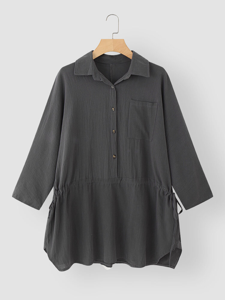 Solid Drawstring Waist Pocket Button Long Sleeve Casual Dress