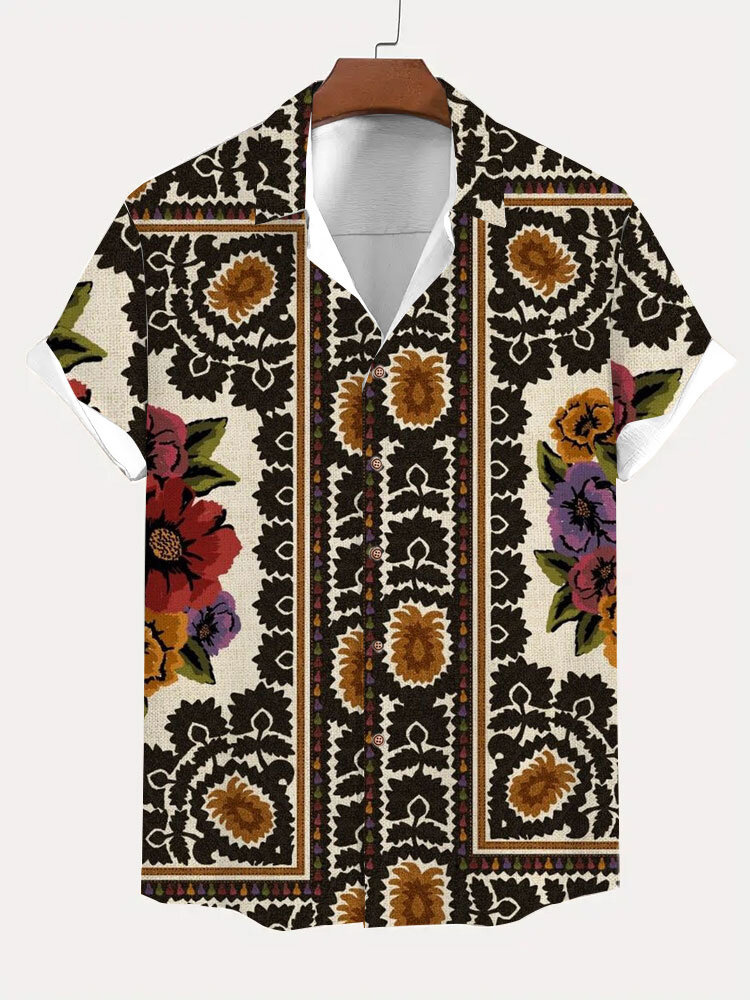 Mens Vintage Floral Print Lapel Button Up Short Sleeve Shirts