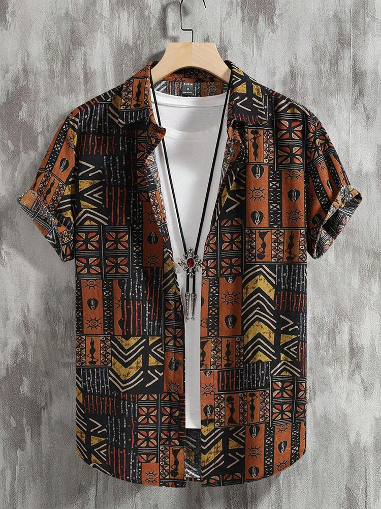 

Mens Geometric Ethnic Print Lapel Short Sleeve Shirts, Brown