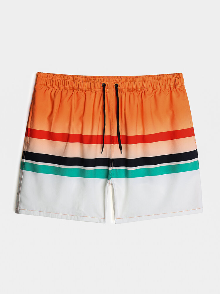 Mens Ombre Striped Quick Dry Lined Holiday Drawstring Swim Trunks