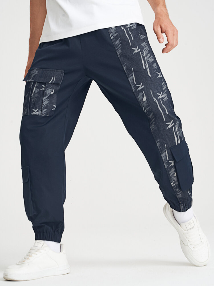 Mens Multi Pocket Patchwork Loose Cuffed Cargo Pants