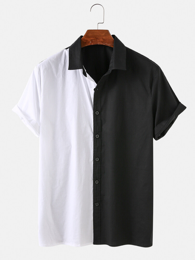 Men Asymmetric Black & White Stitching Casual Short-sleeved Shirt