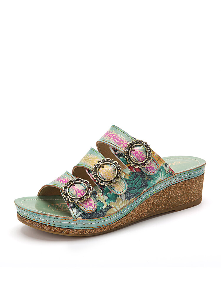 Socofy Genuine Leather Comfy Halcyon Beach Vacation Bohemian Ethnic Embellished Wedges Sandals