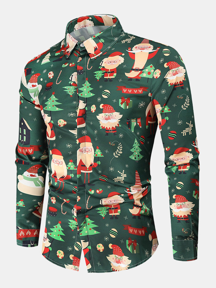 Mens Christmas Tree Santa Print Lapel Button Up Long Sleeve Shirts
