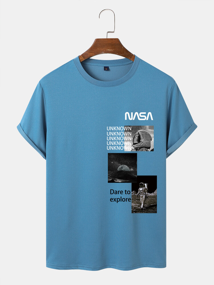 Mens Moon Astronaut Graphics Crew Neck Short Sleeve T-Shirts