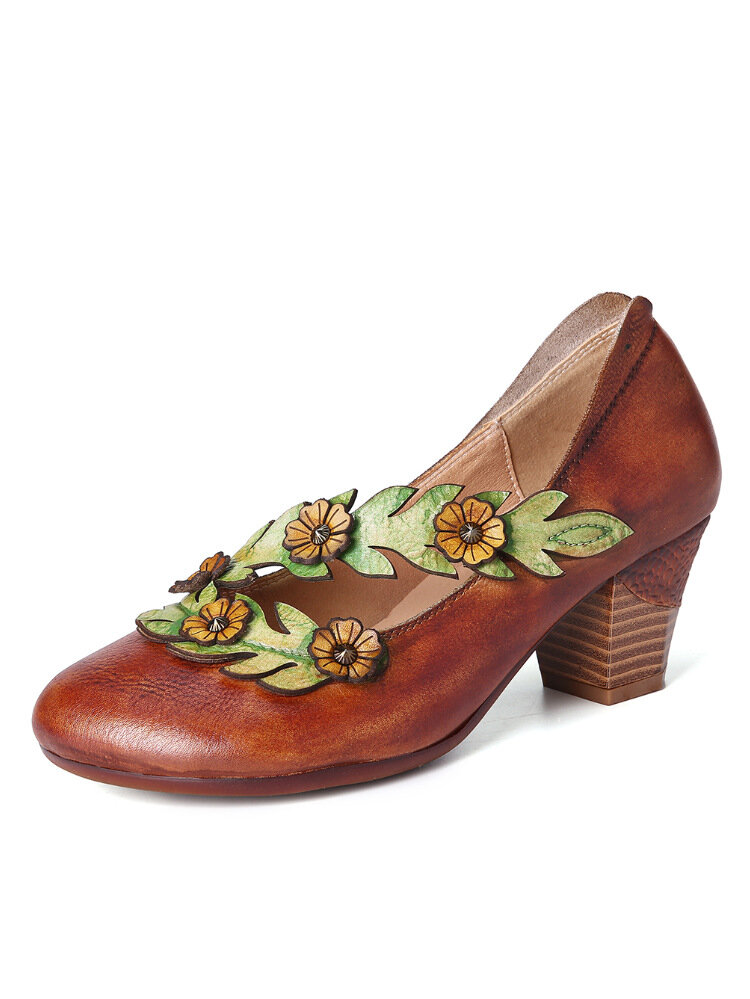 SOCOFY Retro Shallow Mouth Lovely Sunflower Vine Strap High Heel Round Leather Shoes
