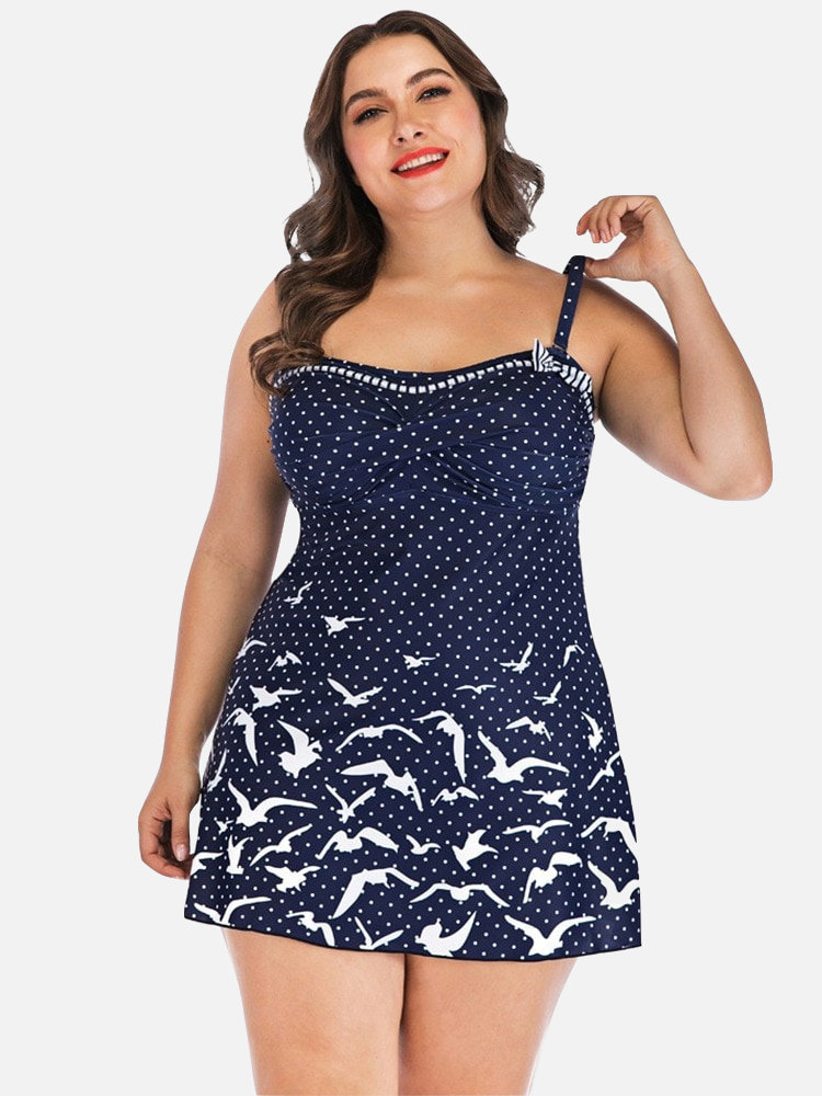 Plus Size Polka Dot Swimdresses Bird Print Women Swimwear