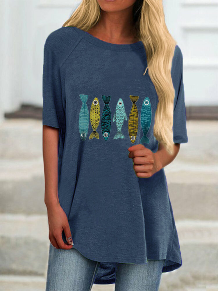 Cartoon Fish Print O-neck Loose Plus Size Casual T-shirt