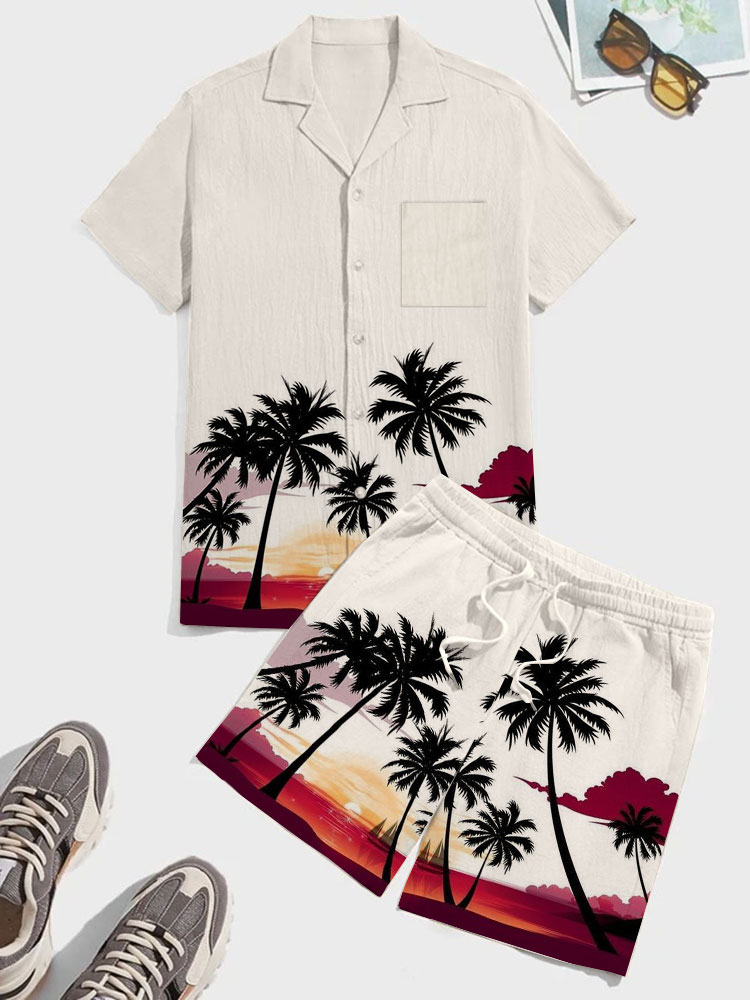 

Mens Coconut Tree Landscape Print Vacation Two Pieces Outfits, Apricot