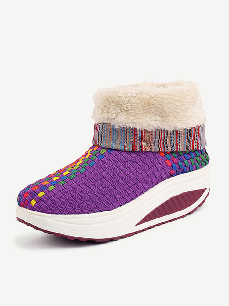 

Knitting Color Match Fur Lining Folded Platform Rocker Sole Ankle Boots, Purple;pink;orange