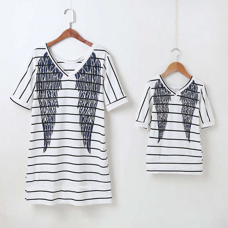 

Mommy And Me Striped Print Casual Dress Matching Outfit, White 1#;white 2#
