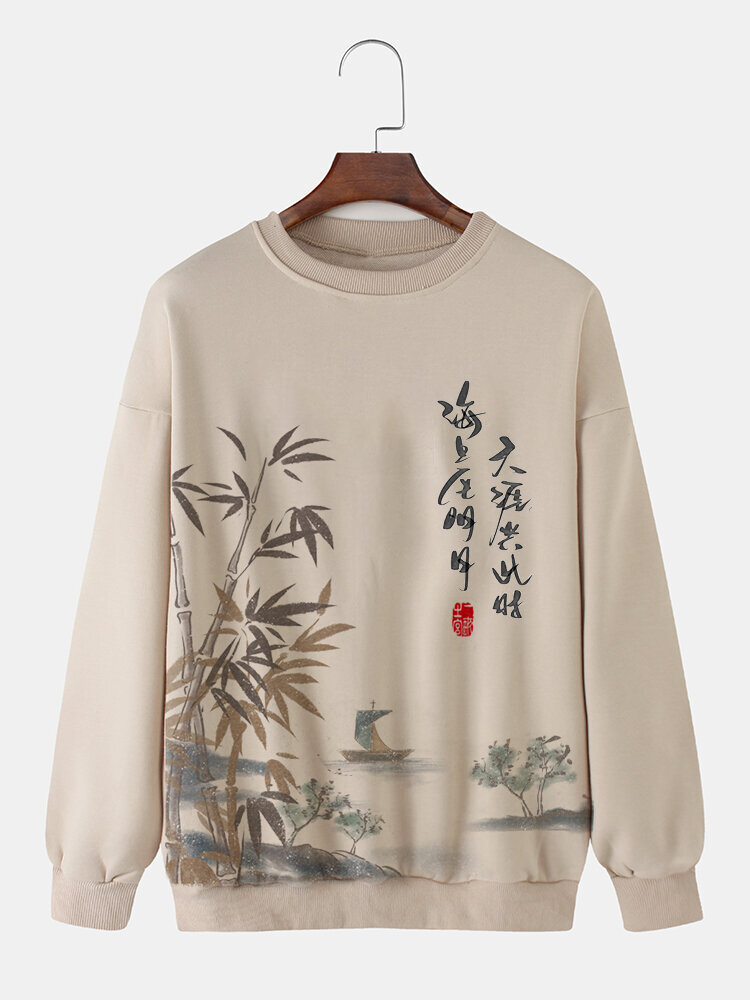 Mens Chinese Style Landscape Print Crew Neck Pullover Sweatshirts