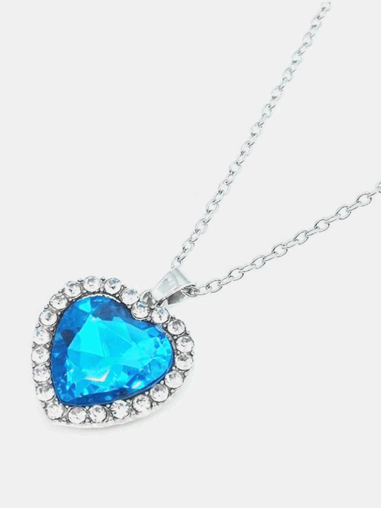 Elegant Pendant Necklace Bule Rhinestone Heart Charm Chain Necklace Sweet Jewelry for Women