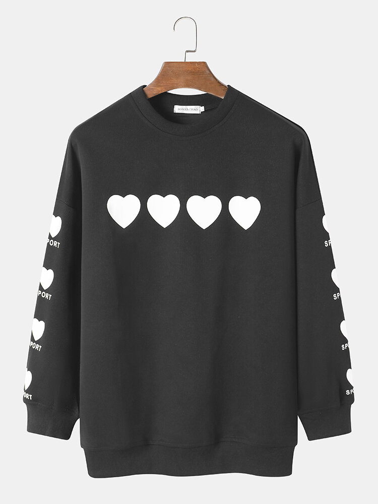 Mens Heart Letter Sleeve Print Crew Neck Pullover Sweatshirts