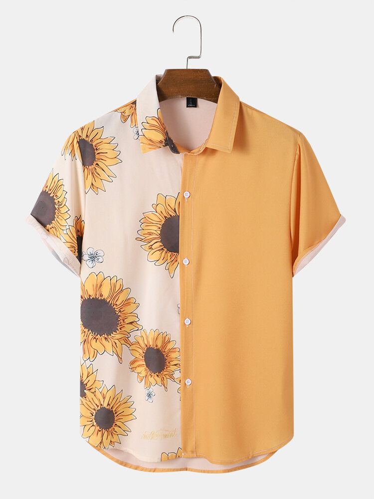 Mens Sunflower Print Patchwork Lapel Holiday Short Sleeve Shirts