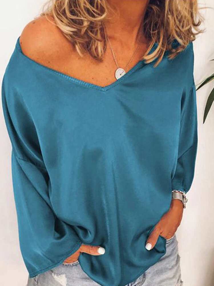 Casual Solid Color Long Sleeve V-neck Plus Size T-shirt
