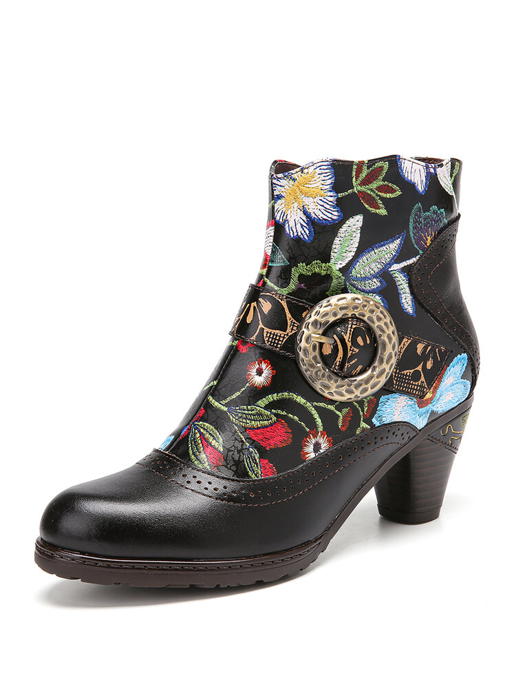 

SOCOFY Retro Embossed Floral Splicing Genuine Leather Comfy Warm Lined Chunky Heel Ankle Boots, Red;black