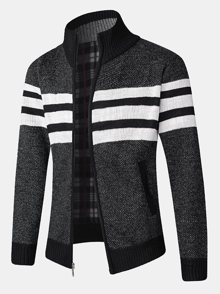 Mens Knitted Stripe Zip Front Stand Collar Casual Warm Cardigans