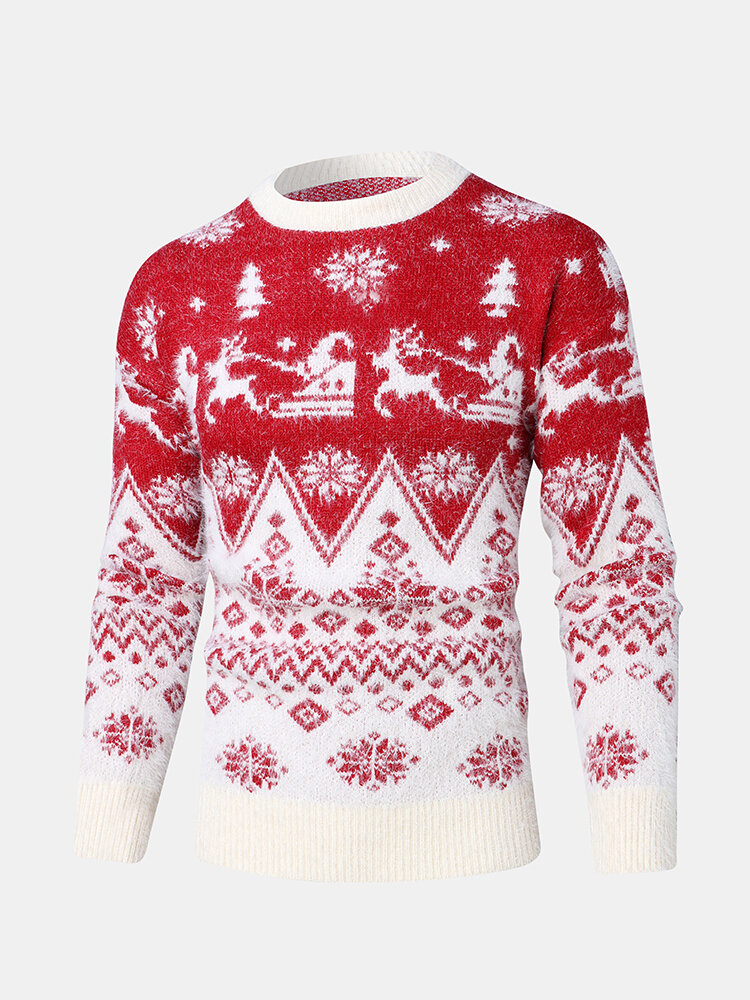Mens Christmas Elk Snowflake Pattern Crew Neck Knit Casual Pullover Sweaters