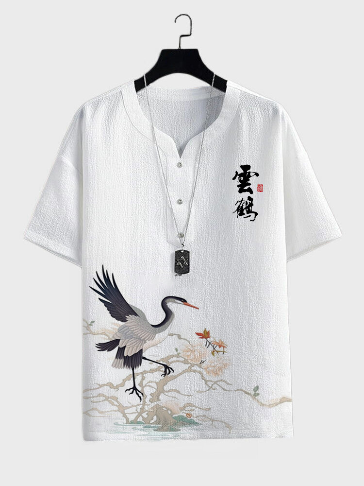 T-shirts à manches courtes de style chinois à imprimé de paysage de grue pour hommes