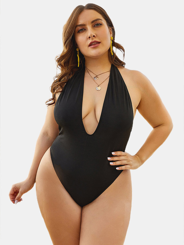 Plus Size Wome Swimsuits Halter Plunge Solid Backless Sexy One Piece