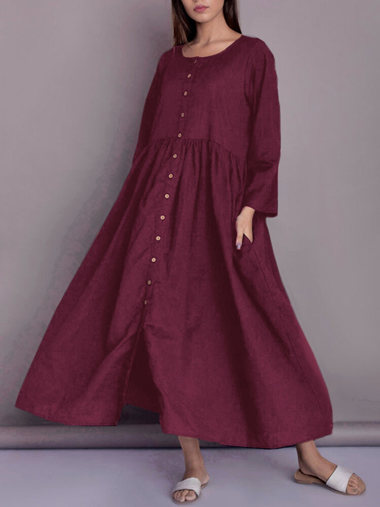 Solid Color Button Pocket Long Sleeve Casual Dress for Women