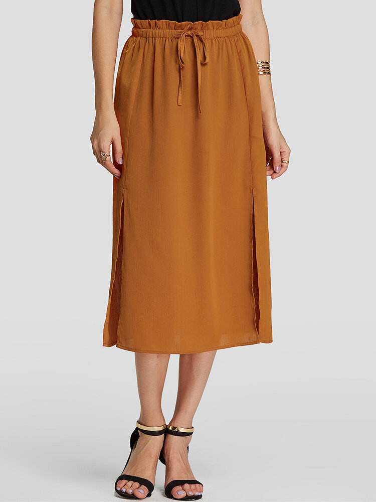 Solid Color Drawstring Slit Hem Casual Skirt for Women