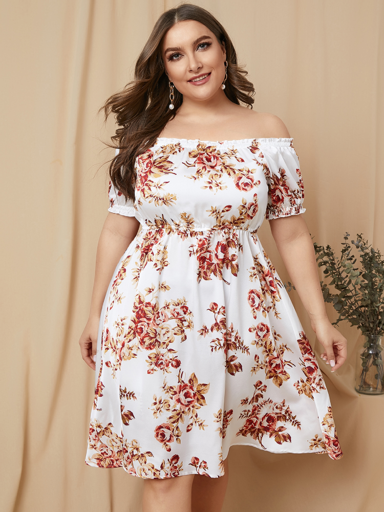 Floral Print Off Shoulder Plus Size Chiffon Dress for Women