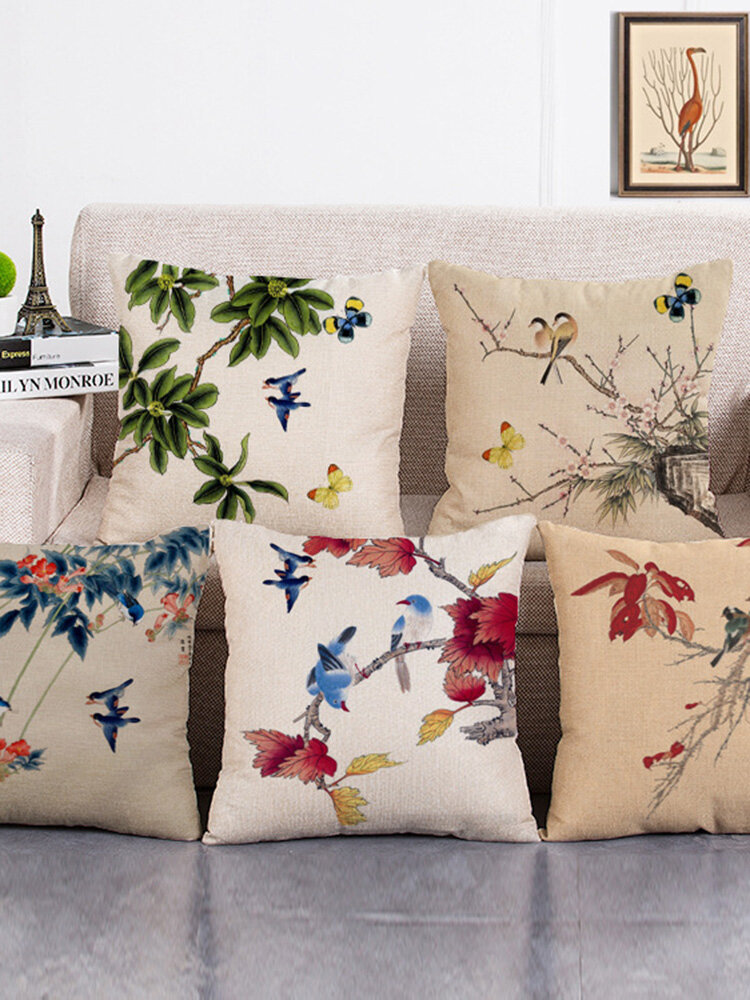 Ink Painting Flower Cotton Linen Cushion Cover Home Decro Sofa Car Pillow Cases