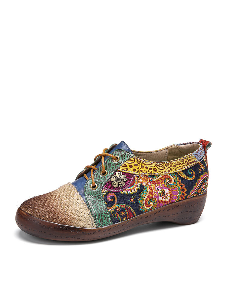 SOCOFY Vintage Paisley Contrast Splicing Leather Polished Toe Lace-up Wedge Casual Shoes