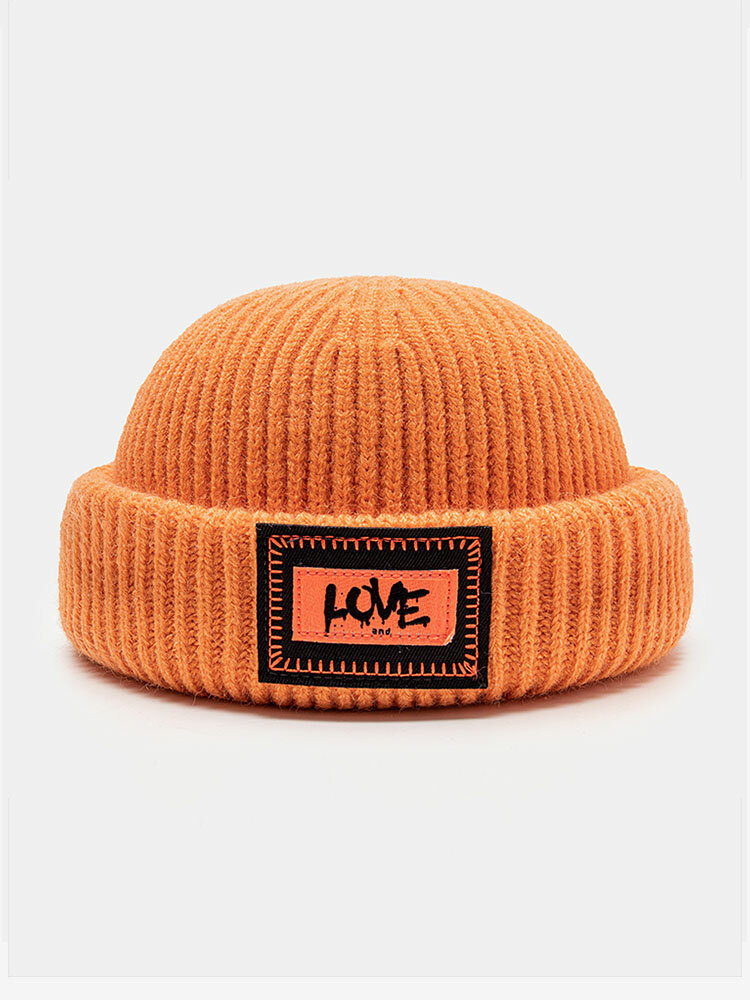 Unisex Knitted Solid Color Letter Pattern Patch Brimless Flanging Outdoor Warmth Brimless Beanie Landlord Cap Skull Cap