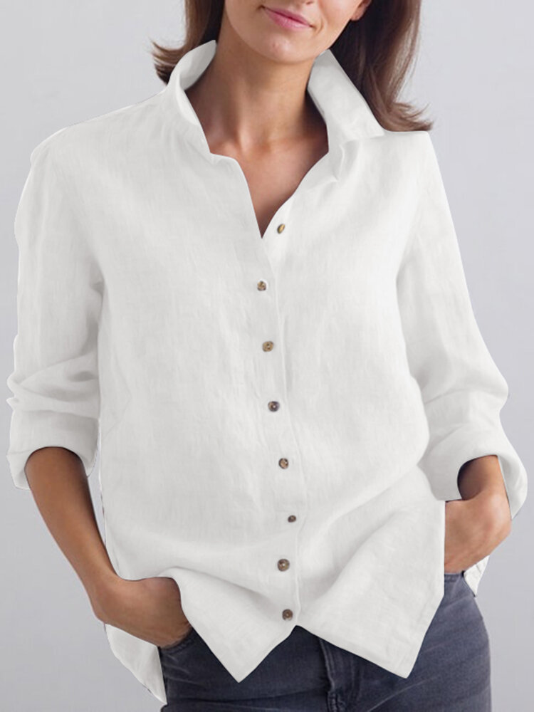 Solid Lapel Long Sleeve Button Front Shirt