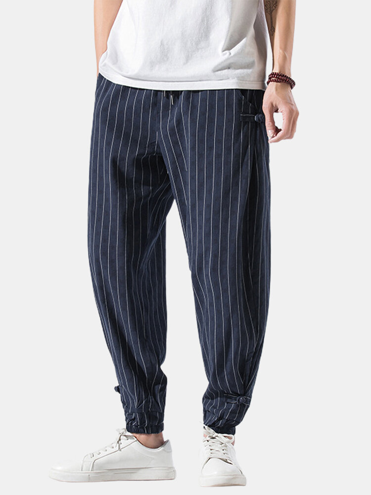 Mens Cotton Linen Vertical Stripe Casual Drawstring Elastic Cuff Pants With Buckles