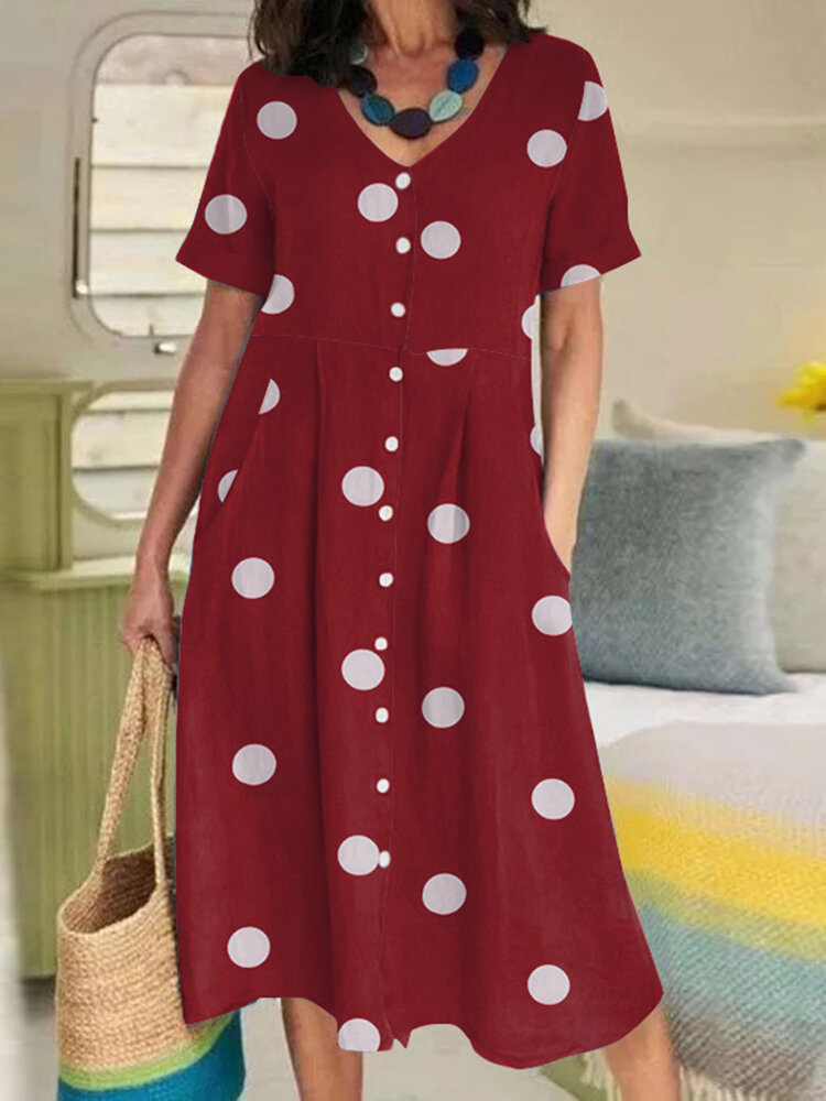 Dot Print Pocket V-neck Short Sleeve Casual Dress